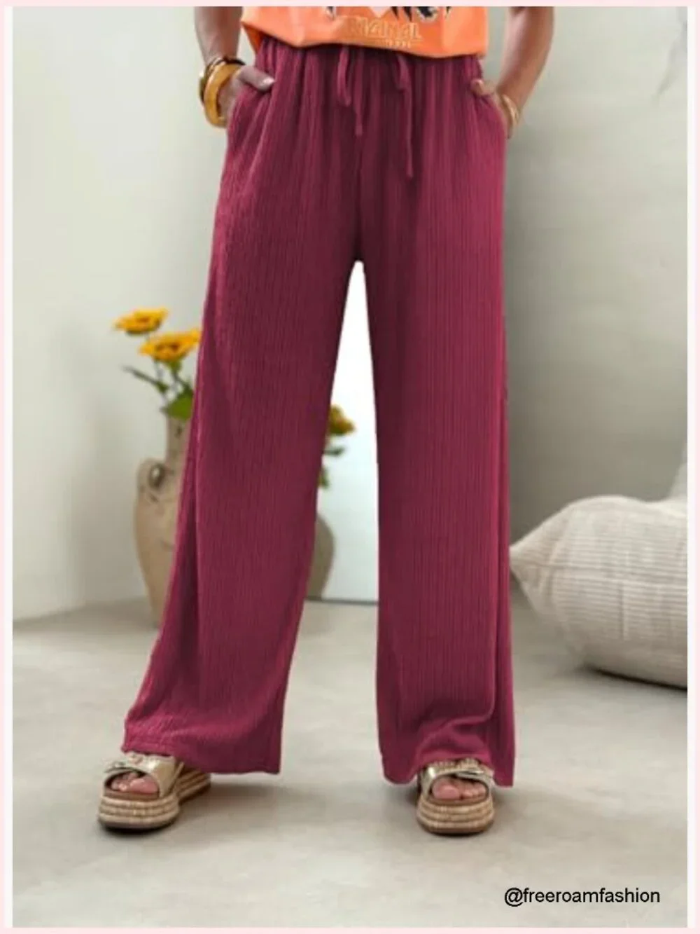 Linen Wide Leg Palazzo Pants with Pockets Drawstring Waist Trousers_4